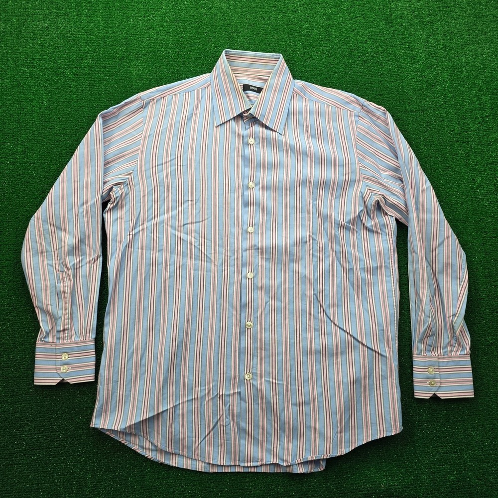 Hugo Boss Dress Shirt Mens Large Blue Pink Striped Button Up Long Sleeve